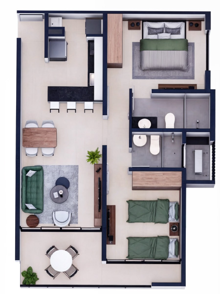2 Dormitorios 55.20 m²